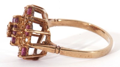 Lot 51 - 9ct gold ruby and diamond cluster ring, a...