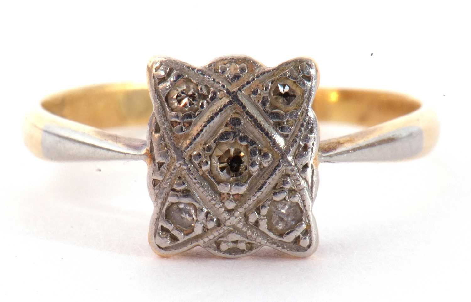 Lot 55 - 18ct gold and Plat stamped diamond set ring,...