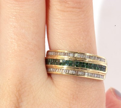 Lot 70 - Modern 9ct gold green stone and diamond ring,...