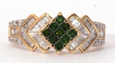 Lot 106 - Modern 9ct gold, diamond and green stone ring...