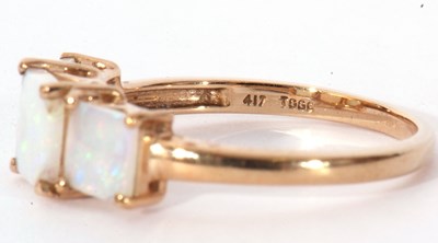 Lot 124 - Modern 9ct gold and white opal three stone...