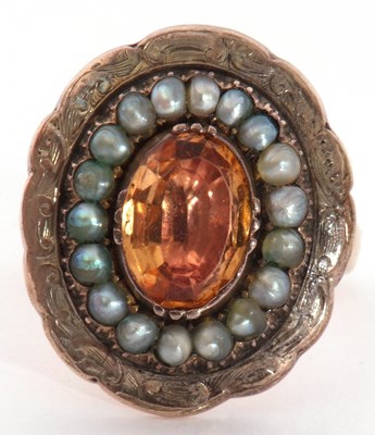 Lot 80 - Antique citrine and seed pearl ring, the oval...
