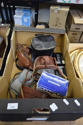 Lot 610 - BOX CONTAINING CAMERAS, OLYMPUS ETC