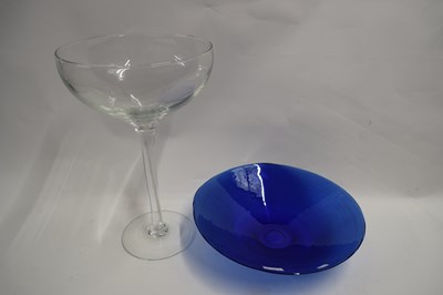 Lot 39 - LARGE RIBBED BLUE GLASS BOWL AND A FURTHER...
