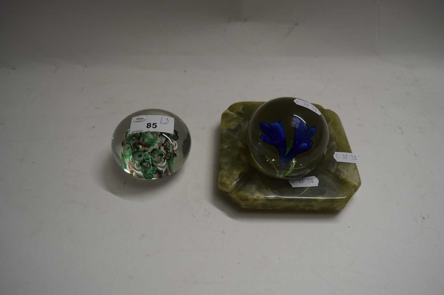 Lot 85 - TWO PAPERWEIGHTS AND A POLISHED ONYX ASHTRAY