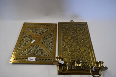 Lot 138 - VICTORIAN PIERCED BRASS WALL PLAQUE WITH SMALL...