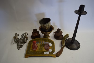 Lot 147 - MIXED LOT : BRASS INK STAND, SMALL OIL LAMP,...