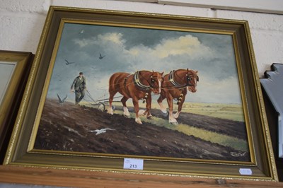 Lot 213 - D COOPER, HEAVY HORSES PLOUGHING, OIL ON BOARD,...