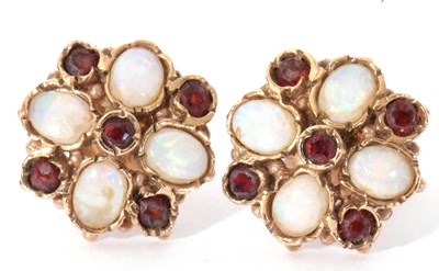 Lot 228 - Pair of 9ct gold, opal and garnet cluster...