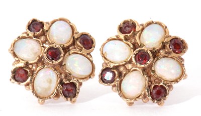 Lot 228 - Pair of 9ct gold, opal and garnet cluster...