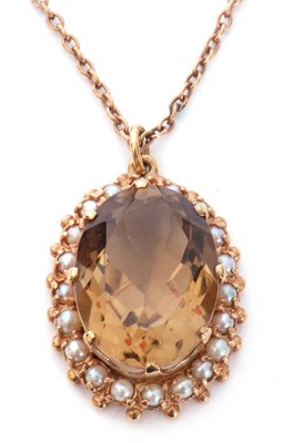 Lot 236 - 9ct gold citrine and pearl pendant, the large...