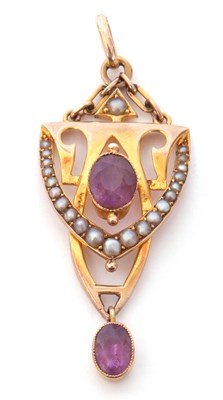 Lot 266 - An amethyst and seed pearl open work pendant...