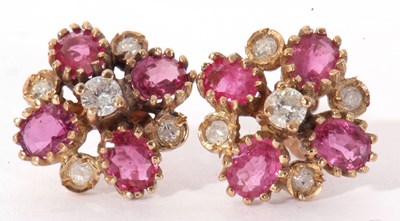 Lot 285 - Pair of modern small diamond and ruby cluster...