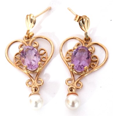 Lot 288 - Pair of yellow metal, amethyst and seed pearl...