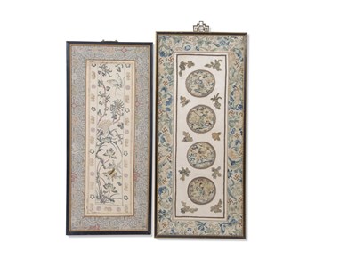 Lot 116 - Pair of framed Chinese embroideries, one with...
