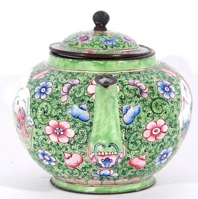 Lot 154 - Small Canton enamel tea pot, the green ground...