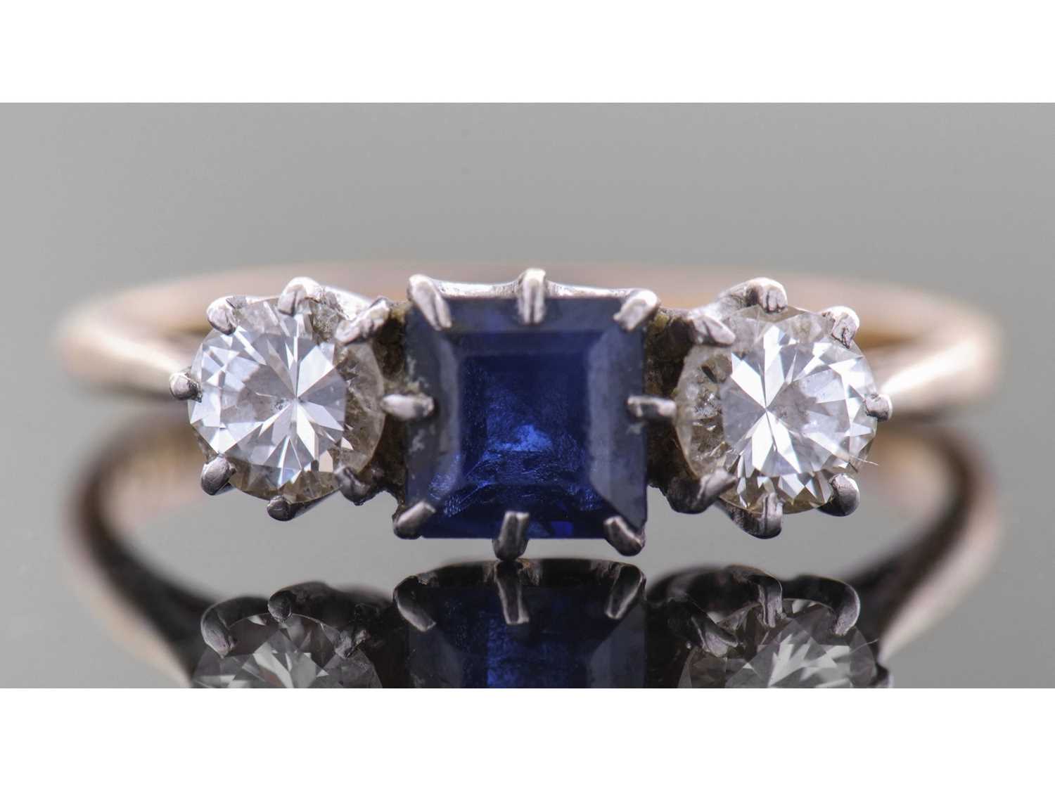 Lot 188 - Antique sapphire and diamond three stone ring,...