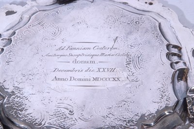 Lot 55 - George IV silver waiter tray with floral...