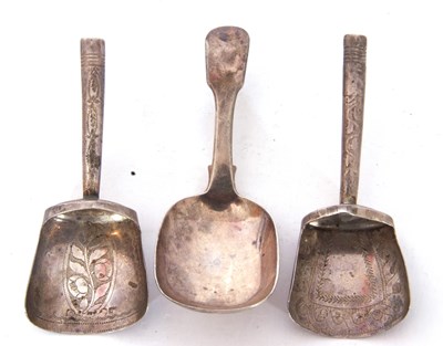 Lot 92 - Group of three silver caddy spoons comprising...