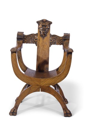 Lot 420 - Unusual Gothic Savonarola type chair, the back...