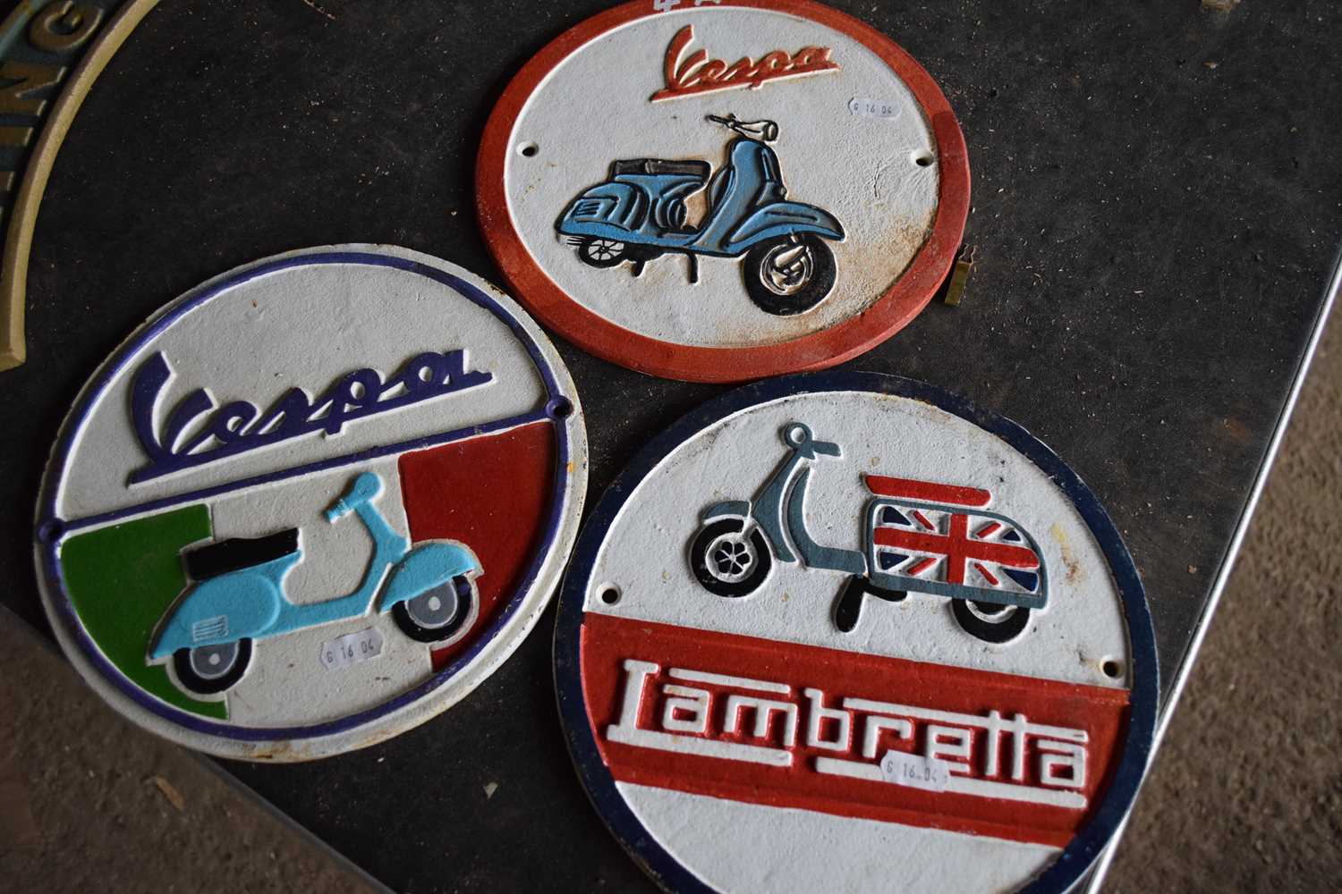 Lot 398 - Cast motorcycle intrest signs 1 lambretta and...