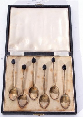 Lot 101 - Set of six George V silver and enamel bean end...