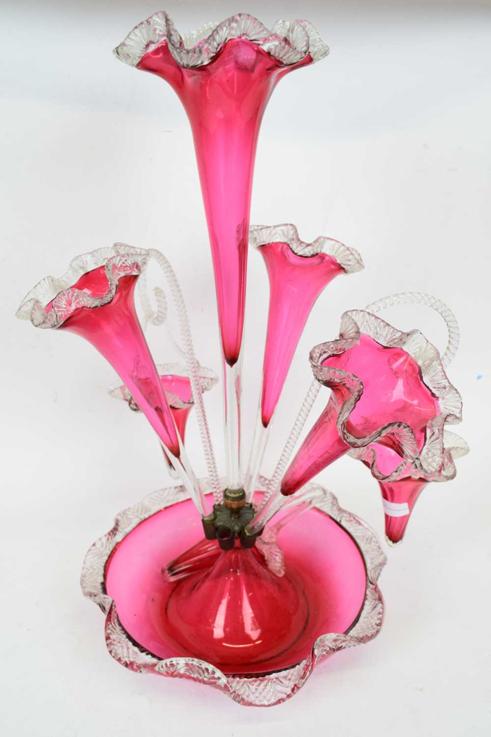 Lot 39 - Late 19th century cranberry glass epergne with...
