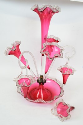 Lot 39 - Late 19th century cranberry glass epergne with...
