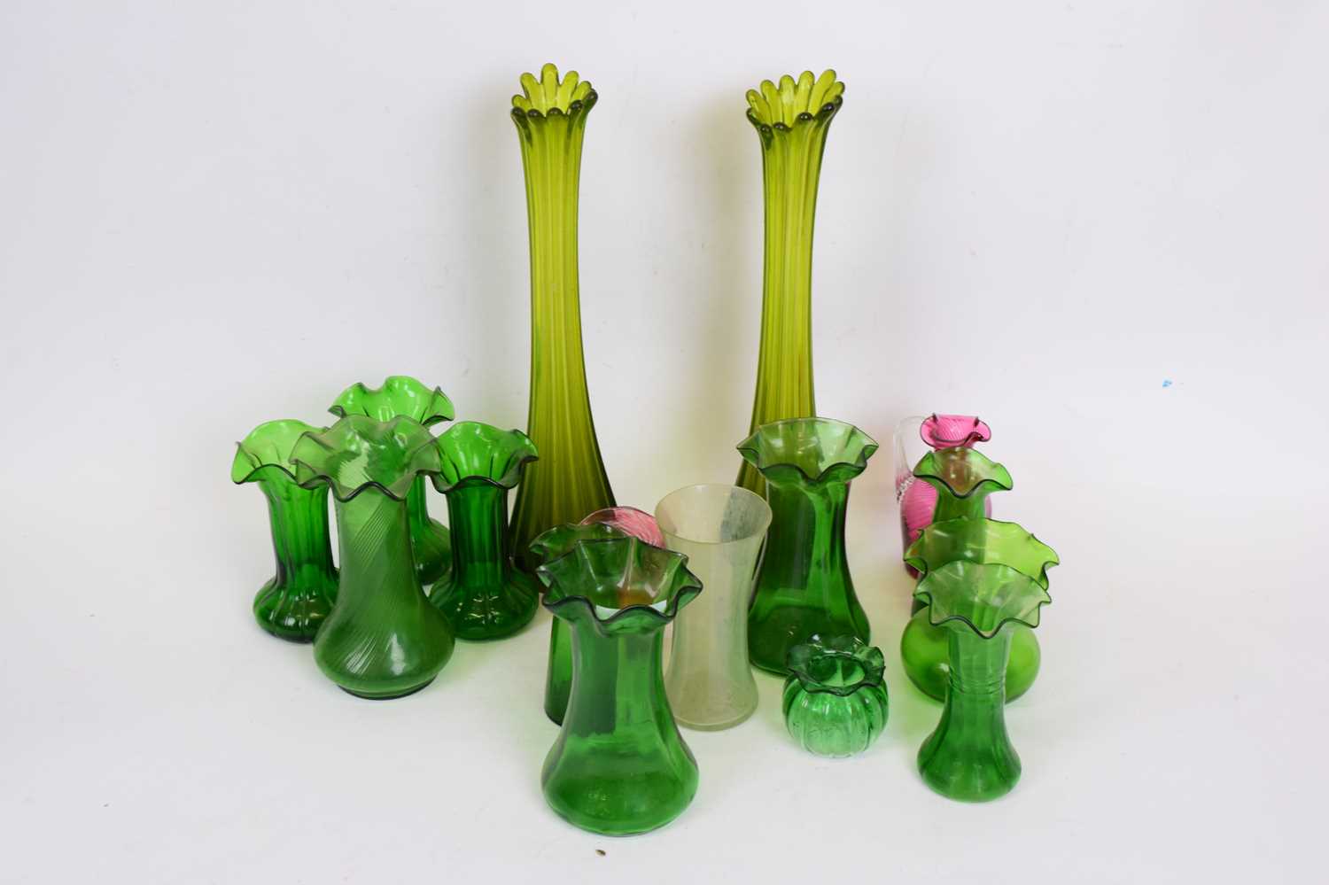 Lot 131 - Quantity of mainly green glass vases, all Art...