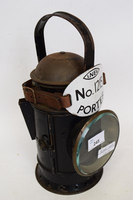 Lot 245 - Vintage LNER railway porters lamp with enamel...