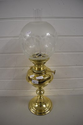 Lot 63 - BRASS OIL LAMP WITH GLASS CHIMNEY AND SHADE...