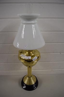 Lot 68 - BRASS OIL LAMP WITH OPAQUE WHITE GLASS SHADE...