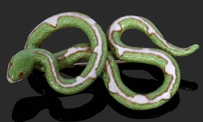 Lot 357 - 750 and 18k stamped enamel serpent brooch, the...