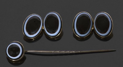 Lot 366 - Mixed Lot: pair of banded agate cuff links of...