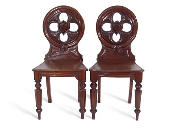 Lot 477 - Pair Victorian mahogany hall chairs with...
