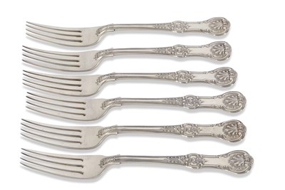 Lot 275 - A heavy set of six Edwardian table forks in...