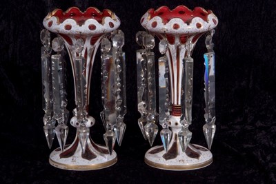 Lot 8 - Pair of cranberry table lustres with white...
