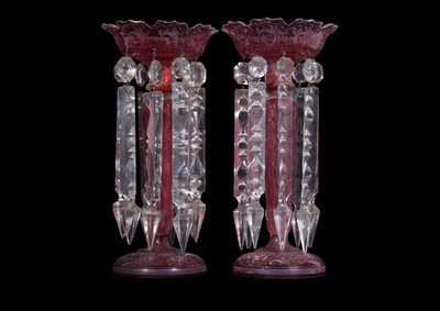 Lot 9 - Pair of cranberry glass table lustres with...