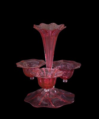 Lot 10 - Cranberry glass epergne with petal shaped...