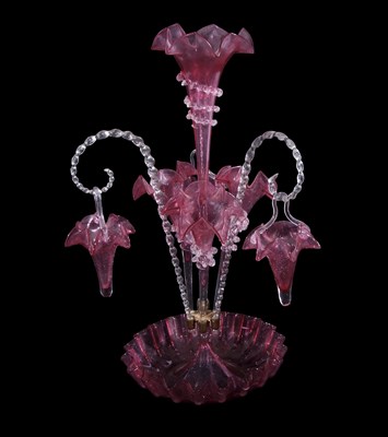 Lot 11 - A large Victorian cranberry glass epergne with...