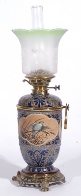 Lot 50 - Doulton oil Lamp decorated with panels of...