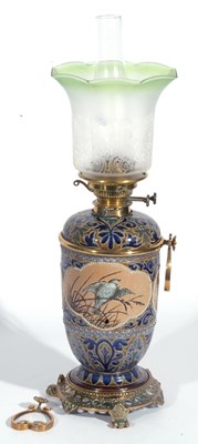 Lot 50 - Doulton oil Lamp decorated with panels of...