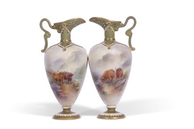 Lot 128 - Pair of Royal Worcester ewers decorated with...