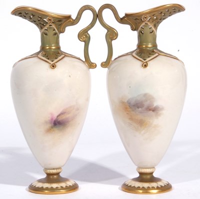 Lot 128 - Pair of Royal Worcester ewers decorated with...
