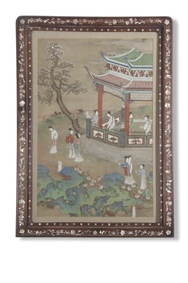 Lot 153 - Oriental picture on silk of figures in a...