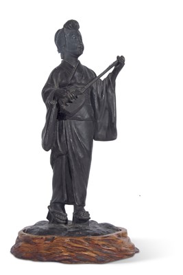 Lot 200 - Japanese bronze of a geisha seated on wooden...
