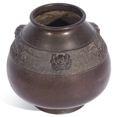 Lot 165 - Bulbous bronze vase with archaistic design of...
