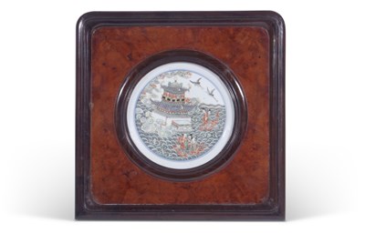 Lot 168 - Chinese porcelain dish within a wooden frame,...