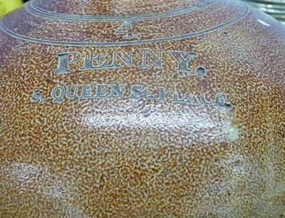 Lot 80 - Large salt glaze flagon marked 'Penny, 5 Queen...