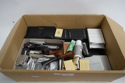 Lot 83 - BOX OF MIXED TOBACCO PIPES, CIGARETTE LIGHTERS,...
